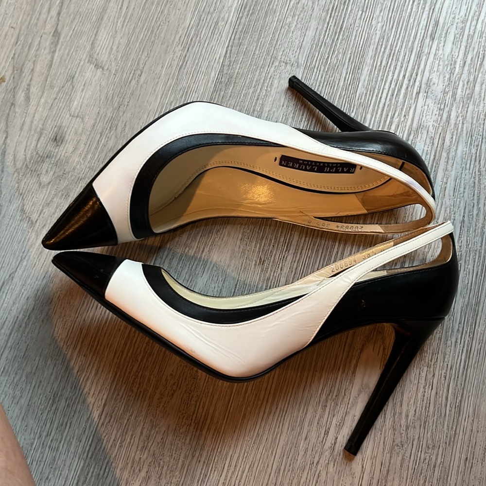 Ralph Lauren Collection White/Black Leather Pointed Toe Pumps - Picture 6 of 14